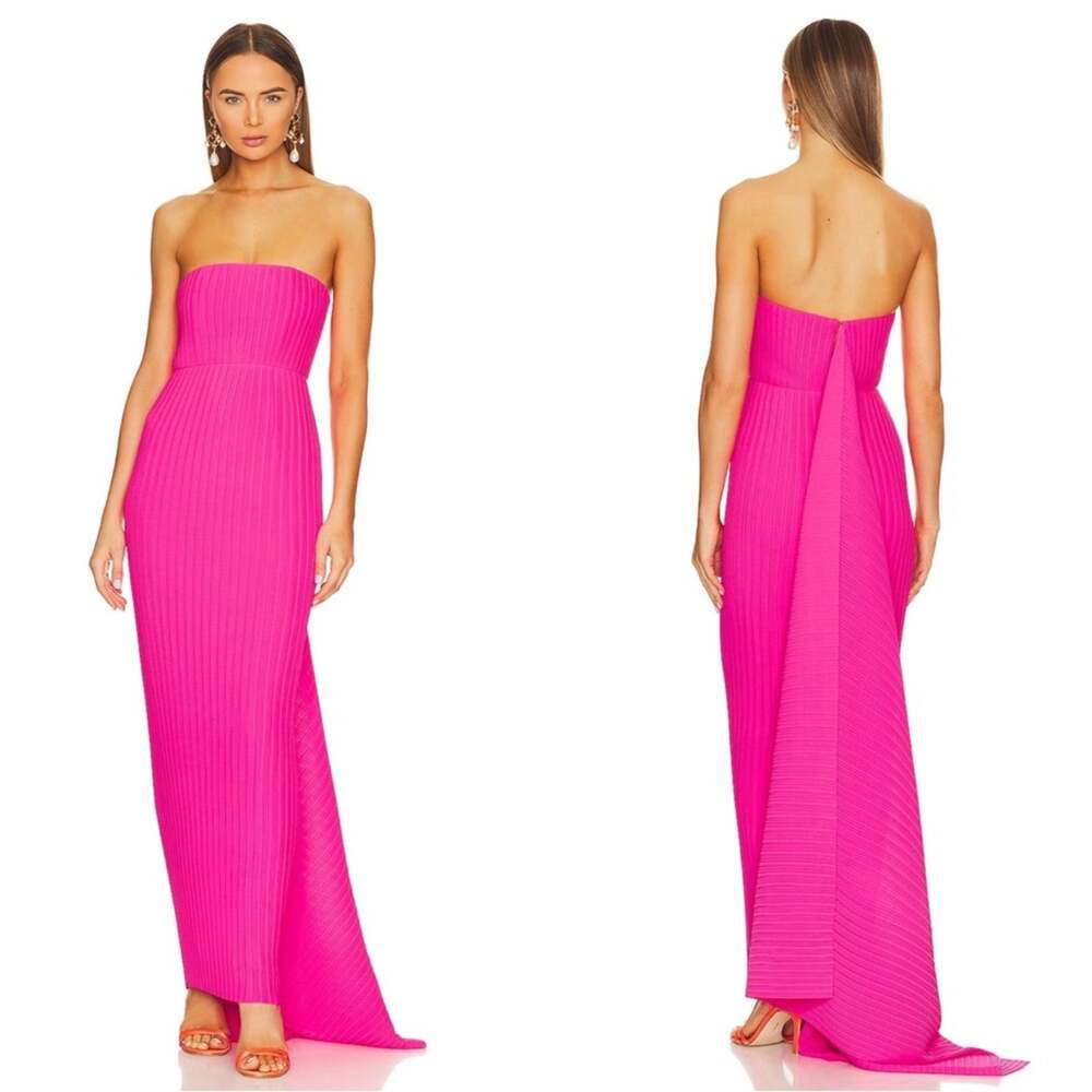 SOLACE LONDON Harlee Strapless Pleated Chiffon Train Hot Pink Maxi Dress Size 4